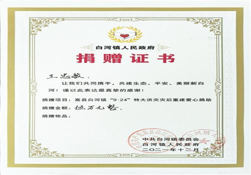 2021年嵩县白河9.24洪灾救灾捐赠证书